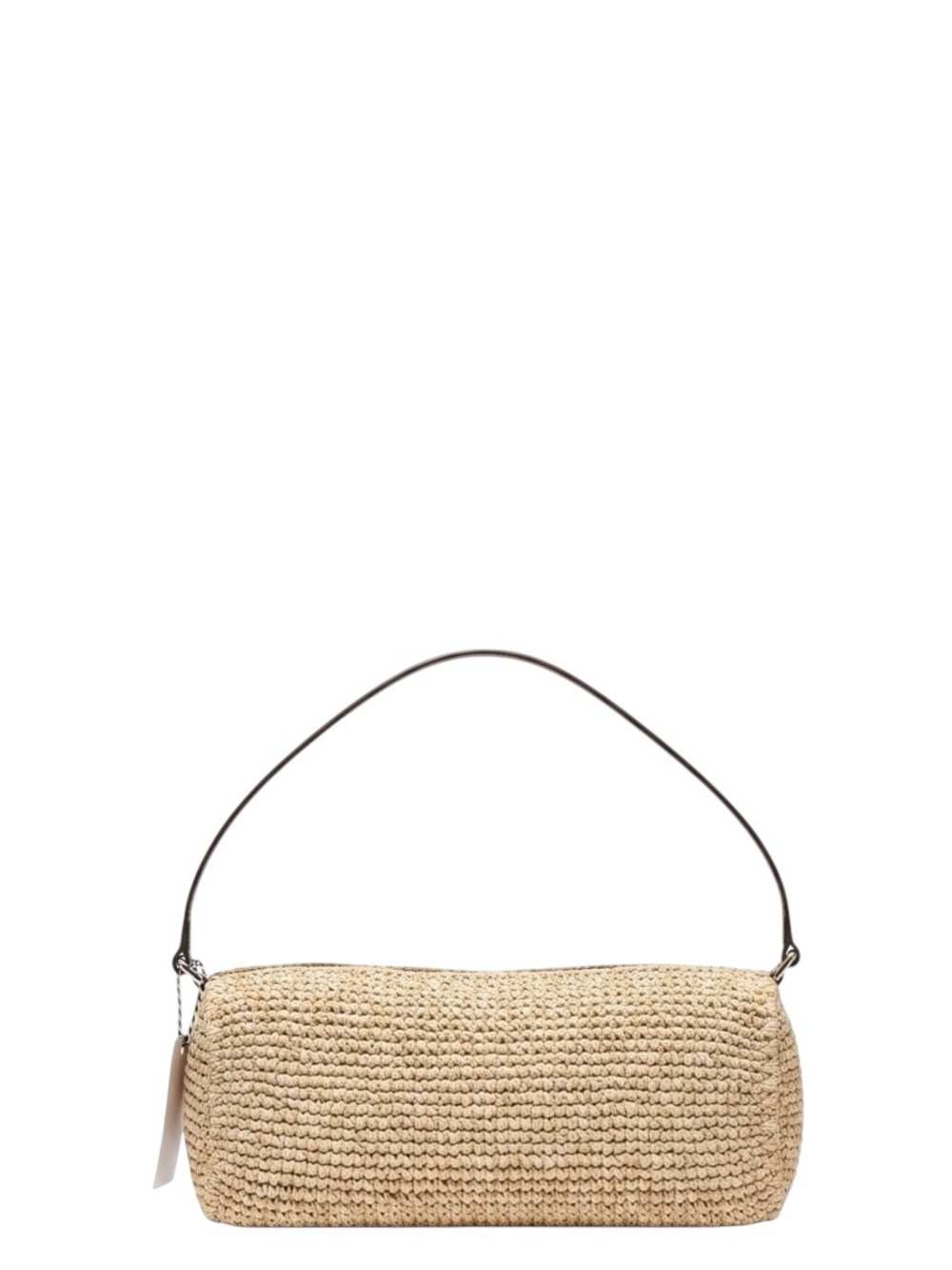 Staud Mini Taru Raffia Leather Trim East West Cylinder Zip Closure Shoulder Bag